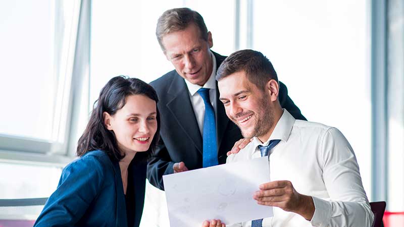 Modern layout with business service icons and team collaboration visuals